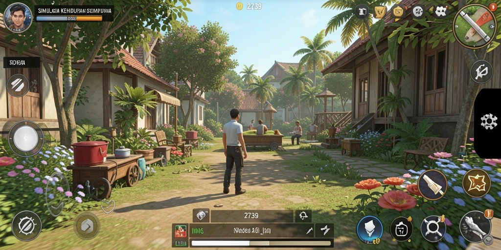 Screenshot menunjukkan karakter dalam aktivitas sehari-hari di dunia virtual.