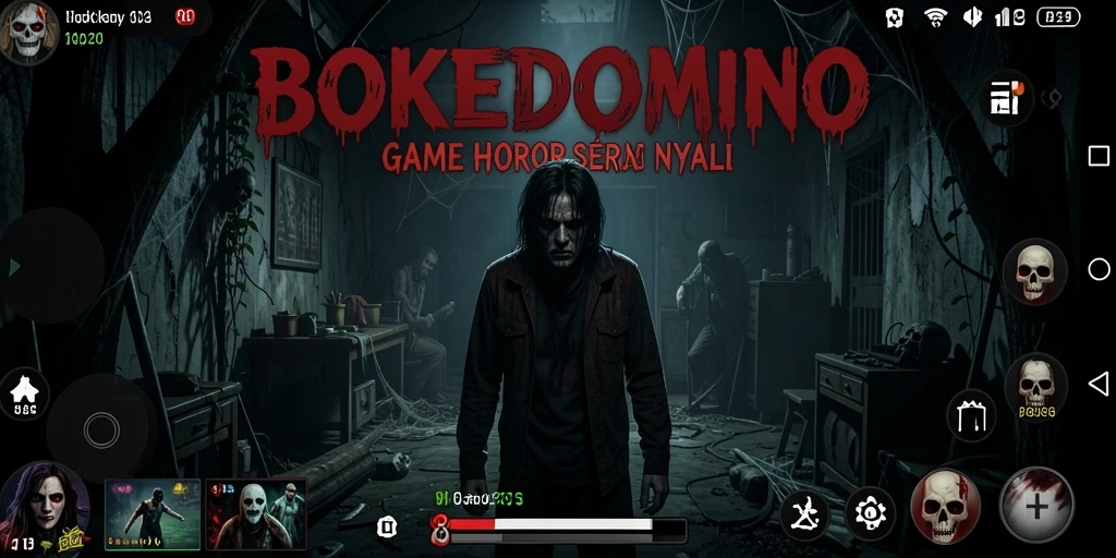 Screenshot gameplay BOKEDOMINO yang menampilkan suasana horor yang mencekam.