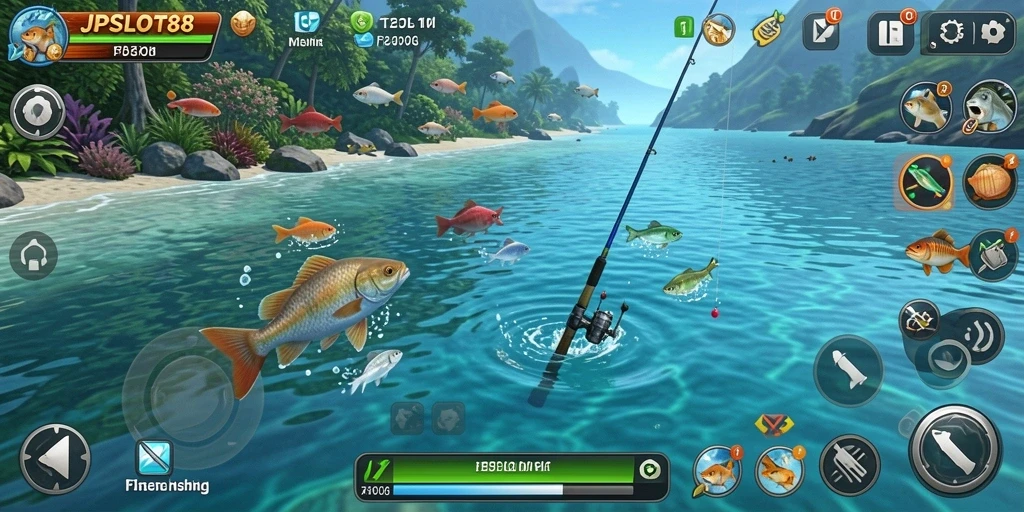Screenshot gameplay JPSLOT88 dengan aksi memancing yang seru dan grafis menawan.