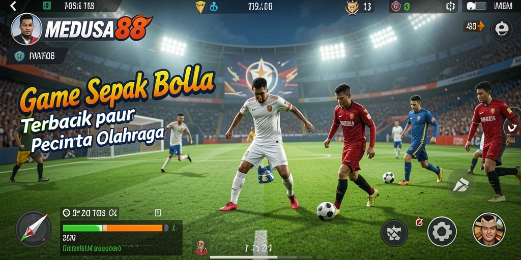 Tampilan gameplay MEDUSA88 dengan aksi seru di lapangan sepak bola.