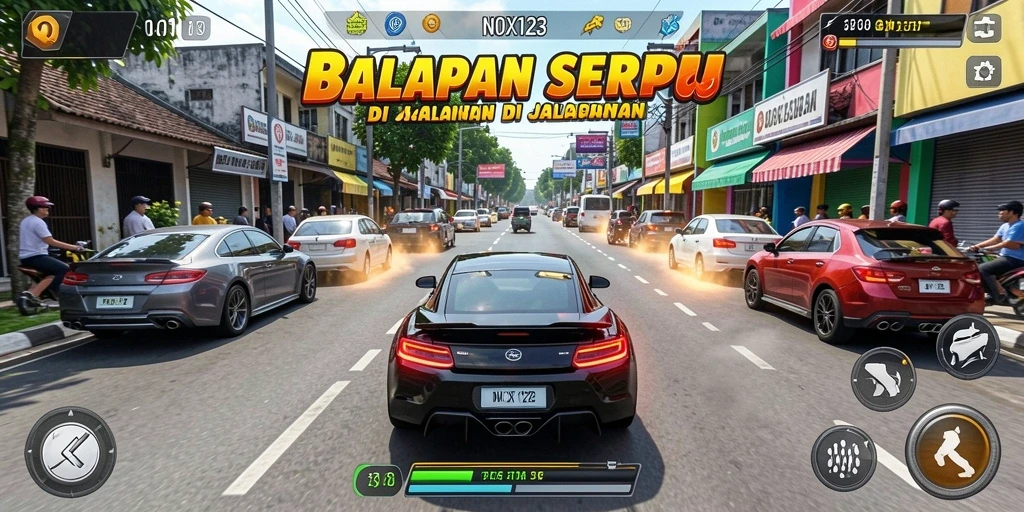Gameplay NOX123 menampilkan aksi balap mendebarkan dengan berbagai kendaraan.