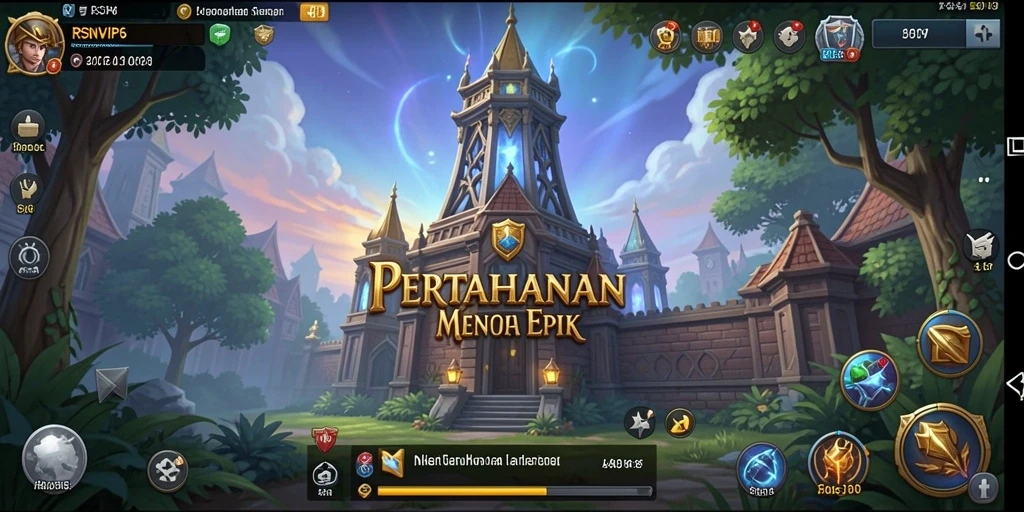 Screenshot RSNVIP6 menampilkan serangan menara pertahanan yang epik.